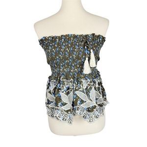 English Factory Green White Floral Embroidered Smocked Baby Doll Tube Top Size M